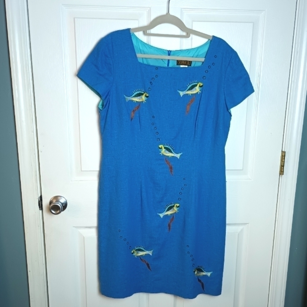 Vintage Linen Virgo II Blue Fish Detail Dress 14